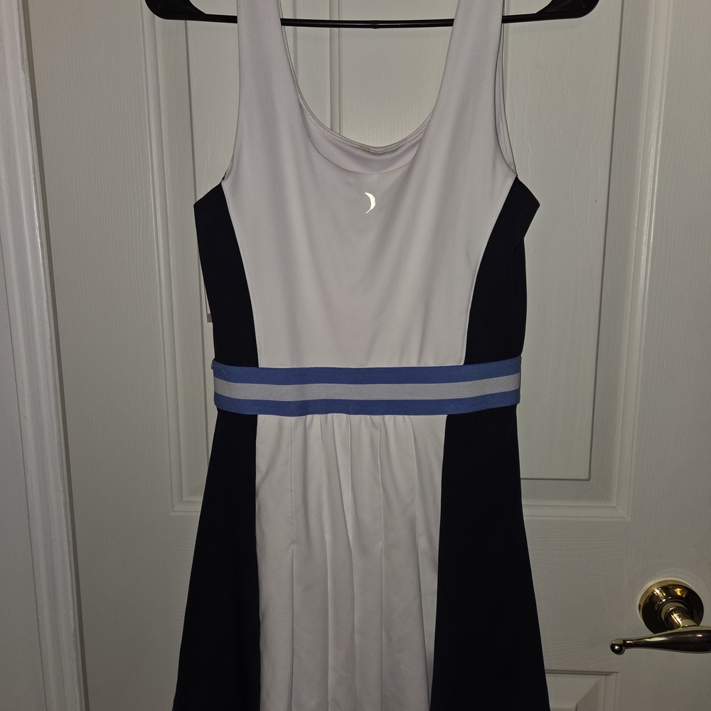 Stylish Black and White Dress with Blue Accents